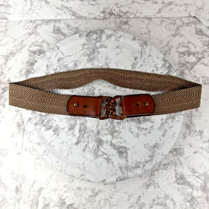 Fossil Womens Brown Tan Herringbone Woven Wide Belt Brown Leather Buckle Size L